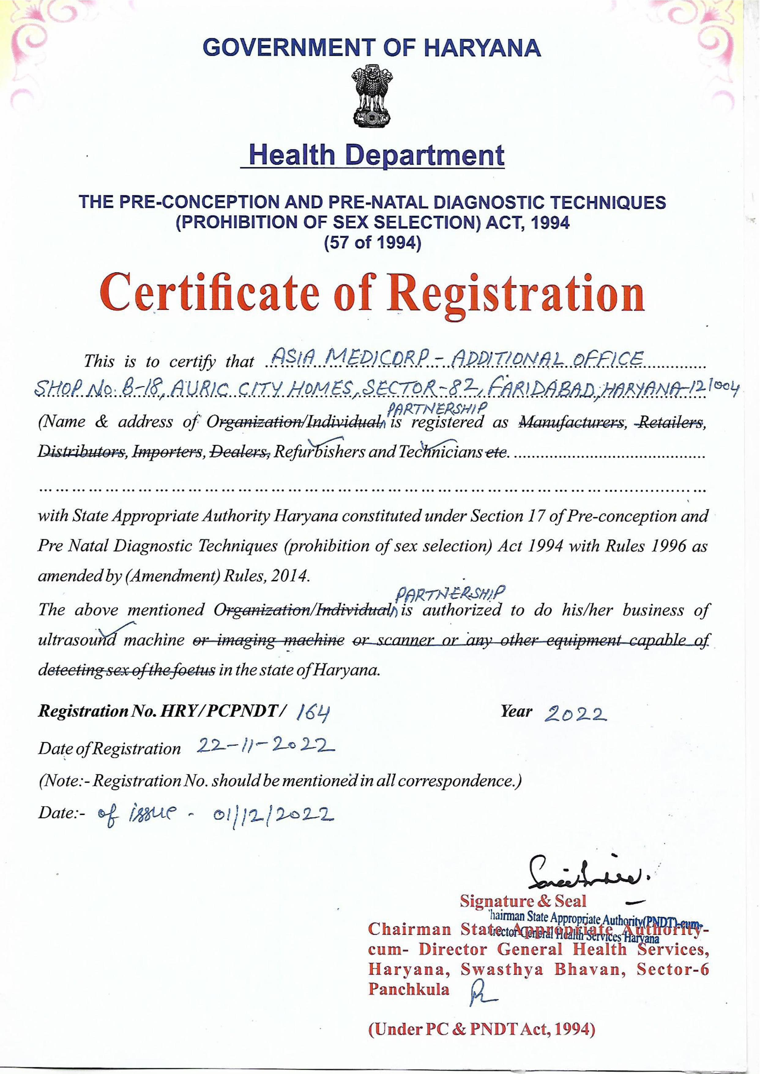 Haryana Government PCPNDT Certificate